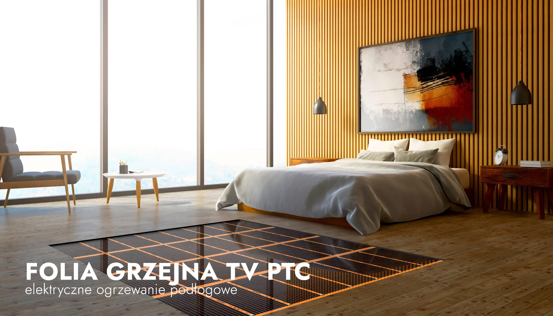 Wizualizacja folii grzejnej TV PTC stosowanej w elektrycznym ogrzewaniu podłogowym.