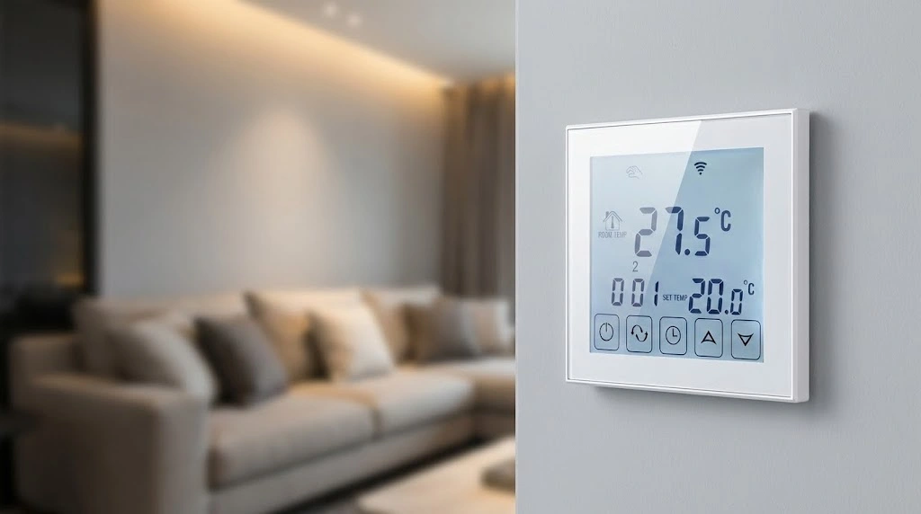 Nowoczesny termostat na ścianie – sterowanie ogrzewaniem podłogowym dla dzieci i zwierząt.