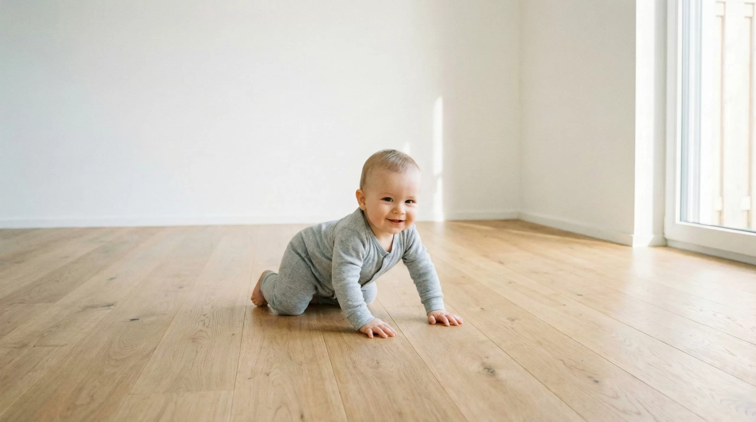 Dziecko raczkuje po panelach – ogrzewanie podłogowe dla dzieci i zwierząt w sypialni.