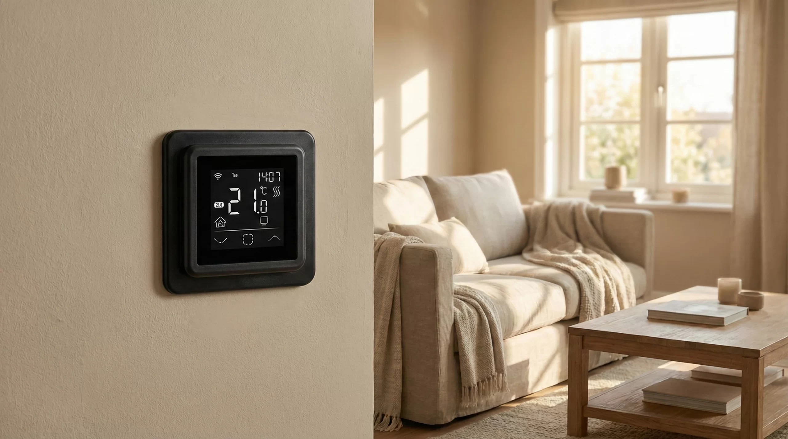 Czarny, stylowy termostat programowalny z Wi-Fi zamontowany w nowoczesnym salonie.