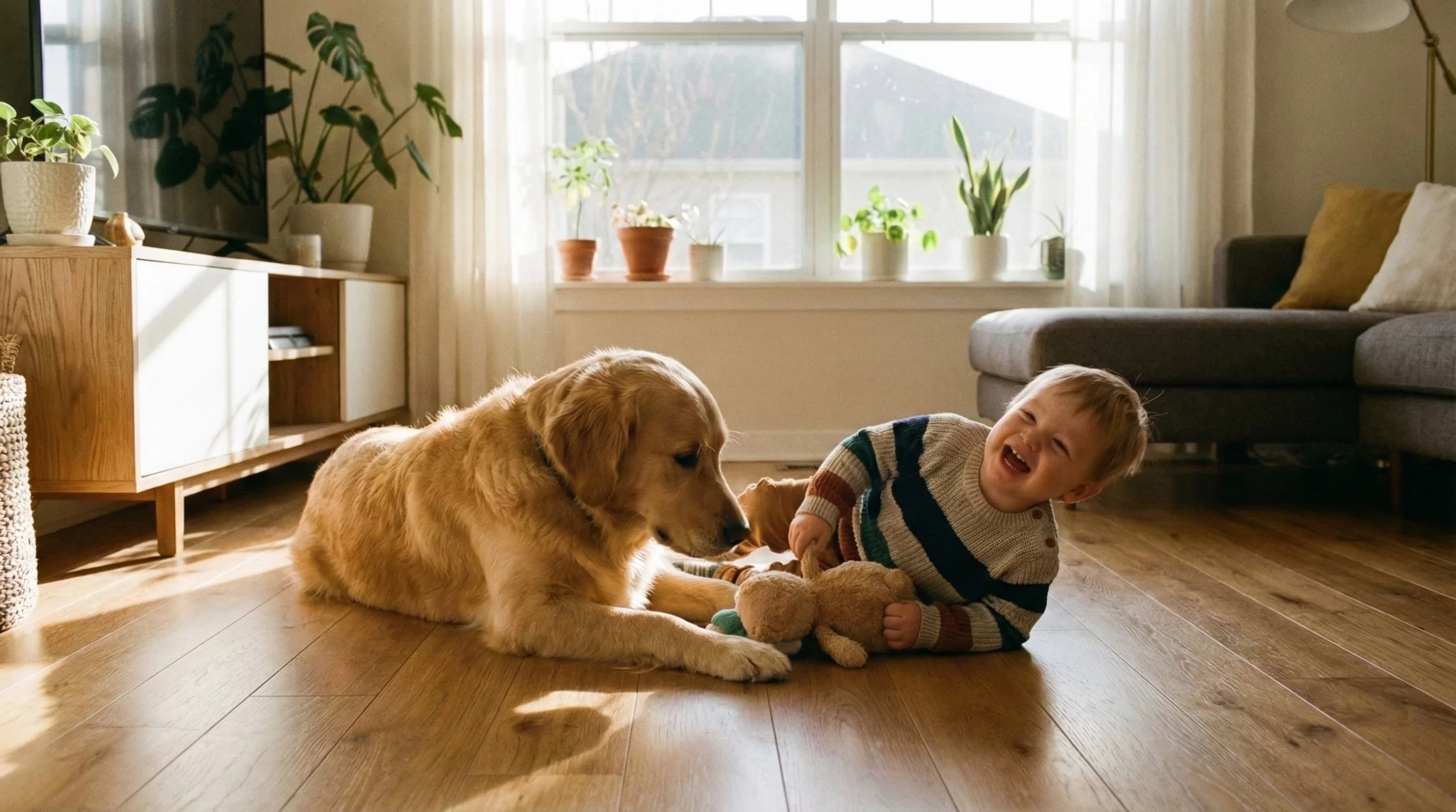 Dziecko bawi się z psem – domowe ogrzewanie podłogowe dla dzieci i zwierząt.