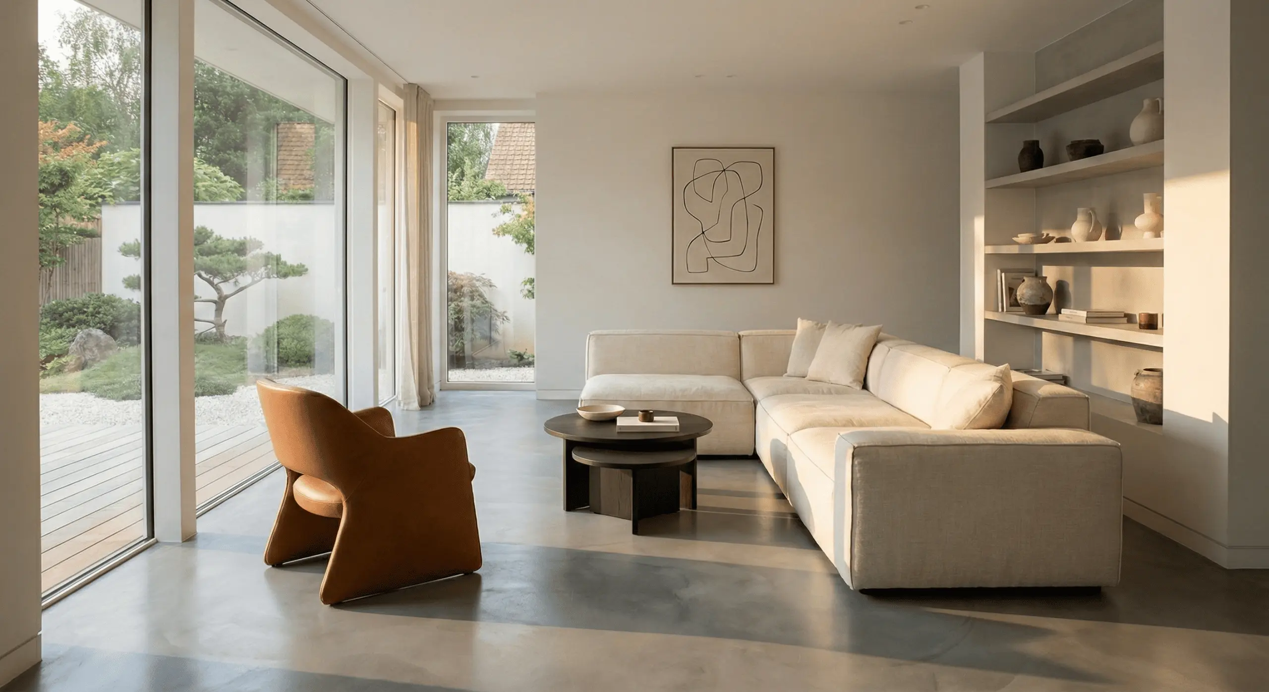 Mikrocement w salonie jako nowoczesna podłoga na ogrzewanie podłogowe o niskim oporze.