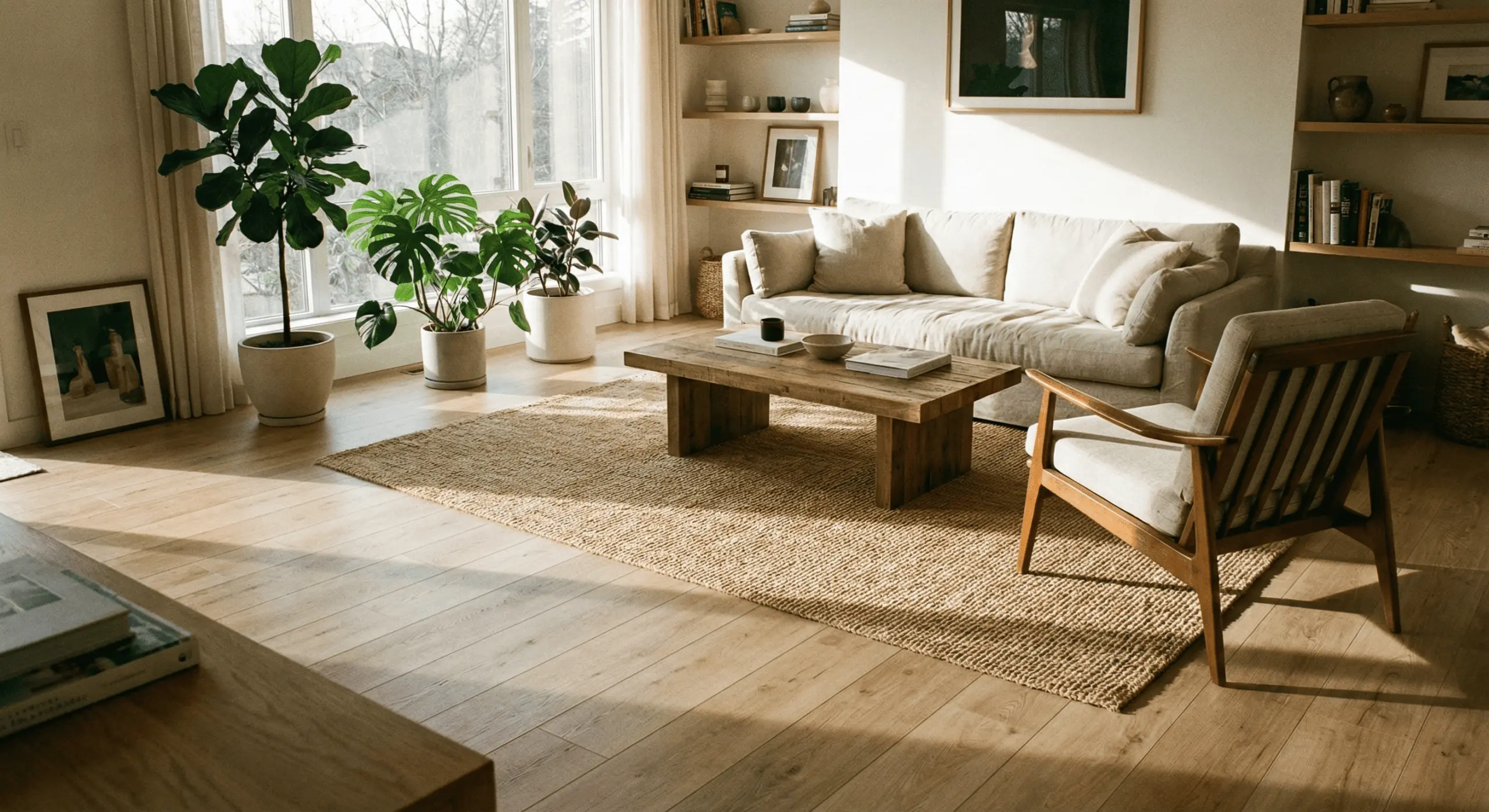 Panele laminowane w jasnym salonie, estetyczna podłoga na ogrzewanie podłogowe.