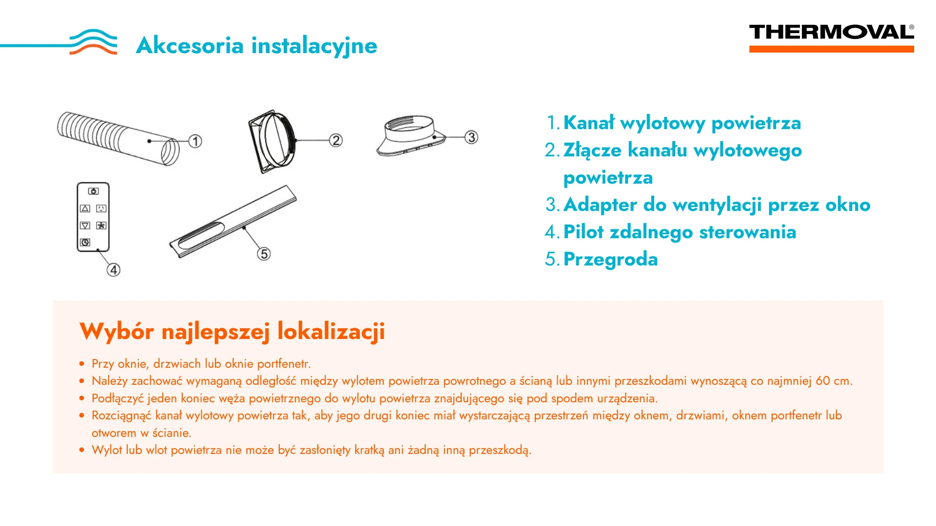 Akcesoria montażowe Thermoval ZEFIR. Instrukcja pokazująca montaż klimatyzacji przenośnej, rurę wylotową i adapter okienny. Odpowiedź na pytanie jak zamontować klimatyzację przenośną?