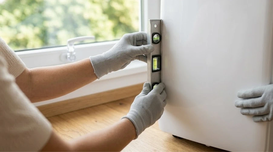 Sprawdzanie poziomicą nachylenia urządzenia Thermoval ZEFIR. Prawidłowy montaż klimatyzacji przenośnej wymaga równego podłoża.